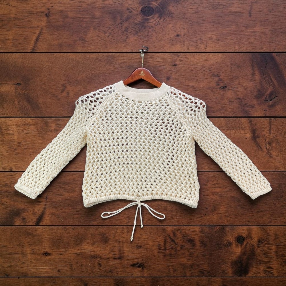 St John Sport Marie Gray Womens P Ivory Open Knit Crochet Sweater Drawstring Hem